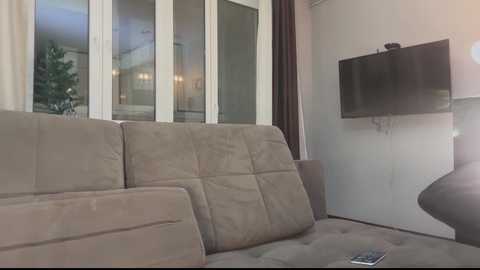 Media: A video of a modern, minimalist living room featuring a beige suede couch, a flat-screen TV mounted on the wall, and a window with white frames, reflecting outdoor lights.