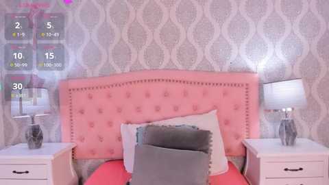 Media: Video of a pink tufted headboard bed with grey pillows and a red blanket, flanked by white nightstands with lamps. The wallpaper has a subtle grey pattern.