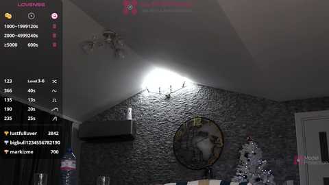 Media: Video of a dimly lit room with a chandelier, a large wall mirror, and a stone-textured accent wall. A virtual camera overlay displays chat messages and a stream of 100 viewers.