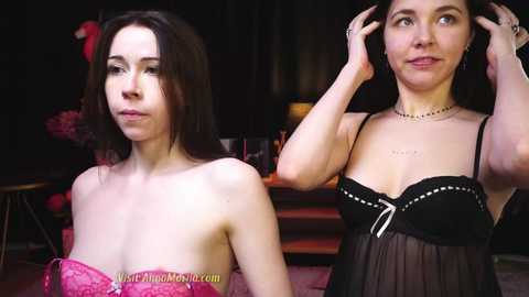 Media: Video of two women with fair skin and dark hair, one in a pink lace dress, the other in a black sheer lingerie set, adjusting her hair in a dimly lit room.