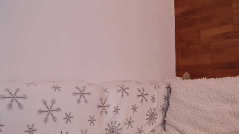 Media: Video of a corner in a room with a white wall, a white bedspread featuring snowflake patterns, and a textured, off-white carpet. A wooden door frame is visible on the right.