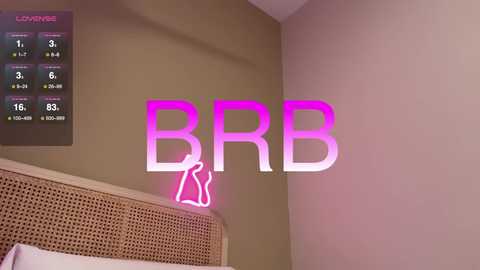 Media: Video of a beige wall displaying a glowing pink \"BBR\" logo and a digital thermometer showing 16 degrees Celsius. The room has a woven headboard with a white pillow.