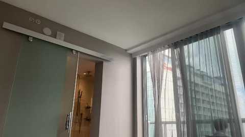 Media: Video of a modern hotel room with light gray walls, a large glass door, sheer gray curtains, and a visible bathroom.