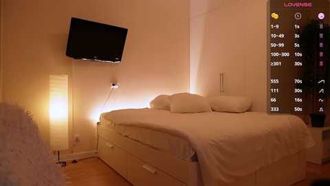 Media: Video of a minimalist bedroom with a white bed, a standing lamp, and a mounted TV, illuminated by warm light, with a virtual dating app interface overlaid.