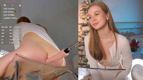 Media: Video of a young Caucasian woman with light skin and long brown hair, wearing a white top, leaning over a transparent chair, exposing her buttocks. Background shows a decorated Christmas tree.