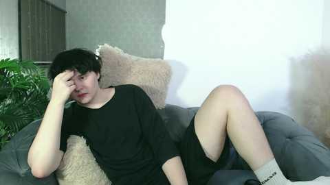 Media: Video of a young Asian man with short black hair, wearing a black shirt and shorts, lying on a gray couch, covering his face with one hand, surrounded by plush pillows and a green plant in a light room.