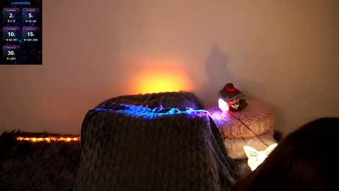 Media: A video of a cozy bedroom with a warm, orange glow from a nightstand lamp casting shadows on the wall. A furry blanket covers the bed, and a person reads a book on the bed, partially visible.