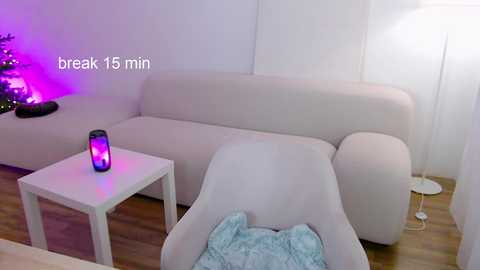 Media: Video of a minimalist living room with a beige sectional sofa, a small white table, a colorful lamp, a blue blanket, and a Christmas tree with purple lights.