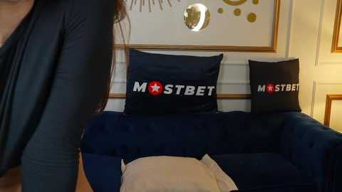 Media: Video of a person wearing a black long-sleeve shirt standing in front of a navy blue sofa with two pillows featuring the \"MST3K\" logo in white and red. The background includes a framed wall art with a sunburst design and a golden sun.