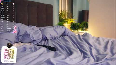 Media: A video of a messy, unmade bed with lavender sheets, a black phone, and a pink floral pillow, set against a modern bedroom with a brown headboard, green potted plant, and a blue wall.