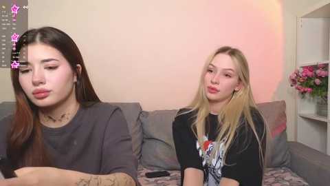 Media: Video of two young women, one with long dark hair, wearing a gray t-shirt, and the other with long blonde hair, wearing a black graphic t-shirt, sitting on a gray couch in a cozy room.