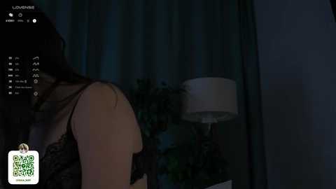 Media: Video of a woman in black lace lingerie, partially visible, standing near a lamp and potted plant in a dimly lit room.