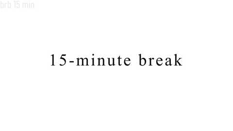 Media: A plain white background with black text stating \"15-minute break\" centered in the image. No additional objects, people, or colors are present.