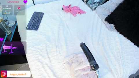 Media: Video of a white bed with a pink shirt, black dildo, and a grey keyboard on a white desk.