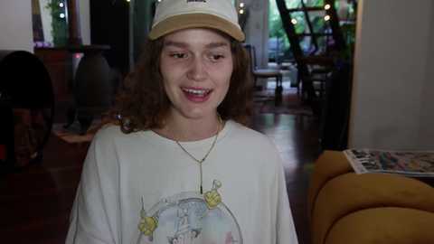 Media: Video of a young woman with curly hair, wearing a white T-shirt and baseball cap, smiling in a cozy, dimly-lit room with indoor plants and furniture.