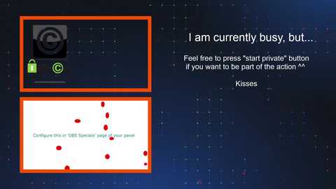 Media: Video of a digital interface showing a \"continue\" button with a red background, green text, and a star icon. Text overlay: \"I am currently busy, but... Feel free to press start button if you want to be part of the action! Kissos :)\
