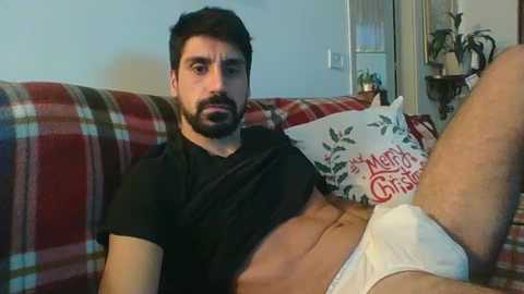 Media: A video of a man with dark hair and beard, wearing a black shirt and white briefs, lounging on a plaid couch in a cozy living room.