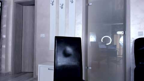 Media: A video of a minimalist bathroom with a black TV screen on a stand, a white toilet, and a frosted glass shower door. The walls are light beige with minimalist decor.