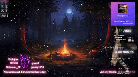 Media: A vibrant digital image of a serene forest campfire scene with glowing embers, a full moon, and a chat box showing \"Join my channel.\