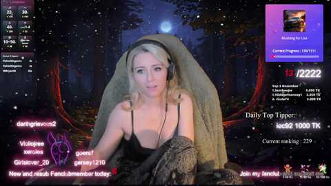 Media: Video of a blonde woman with fair skin, wearing headphones, sitting in a dark forest, streaming on Twitch with chat messages visible.