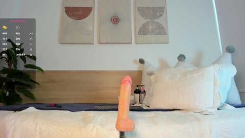 Media: Video of a man's erect penis, partially covered by a white sheet, in a modern bedroom with minimalist decor. The background features a wooden headboard, abstract art, and a potted plant.