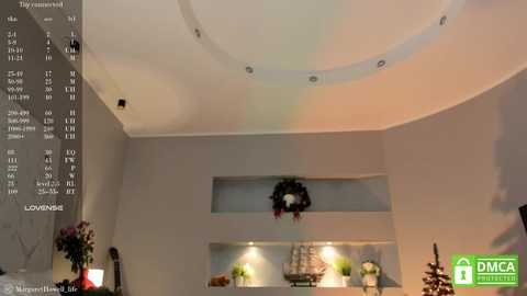 Media: A video of a modern living room with a curved ceiling, recessed lighting, and minimalist decor featuring a Christmas wreath, potted plants, and a decorative ship model.