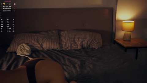 Media: Video of a dimly lit bedroom with a beige headboard, striped pillow, and a wooden nightstand with a lamp. The bed has a brown blanket and a woman in a black bra lies on it.