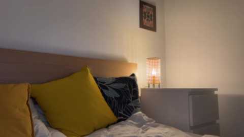 Media: A video of a cozy bedroom corner featuring a wooden headboard, mustard-yellow and dark blue pillows, a white comforter, a bedside lamp, and a framed artwork on the wall.