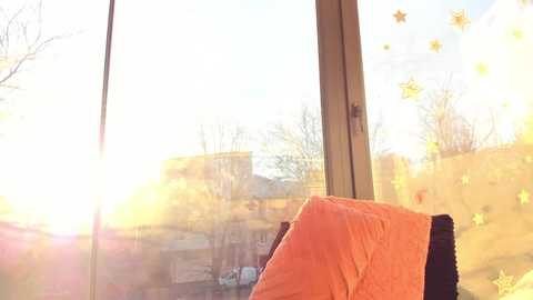 Media: Video of a cozy nursery window, featuring a child's orange blanket draped over a black railing, and a sunlit view of bare trees and a yellow house in the distance.