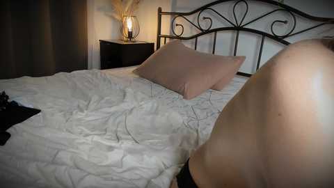 Media: Video of a bed with a white quilt and a pink pillow, a black metal headboard, and a bedside table with a lamp.