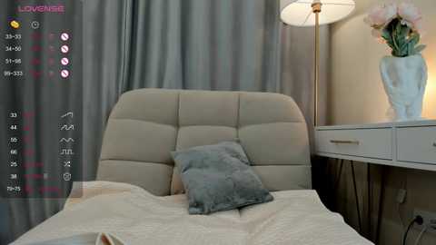 Media: Video of a modern bedroom with a beige tufted headboard, a light gray throw pillow, and a white bedside table with a lamp and vase.