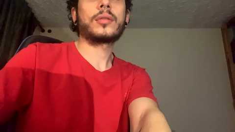 Media: A video of a young man with light brown skin, short curly hair, and a trimmed beard, wearing a red T-shirt, sitting in a room with a white ceiling and dark curtains.