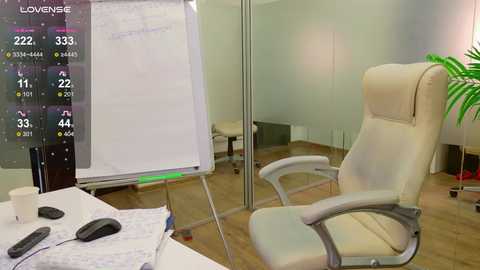 Media: A video of a modern office with a large whiteboard displaying a 2022 calendar, a high-back leather chair, and a desk with papers and a black mouse.