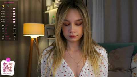 Media: Video of a young woman with long blonde hair, wearing a floral blouse, standing indoors. Background includes a beige wall, a lamp, and a teal couch.