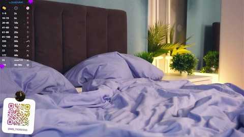 Media: Video of a neatly made bed with lavender sheets, a dark brown headboard, and a small potted plant on a bedside table in a cozy, light-blue room.