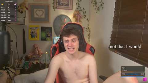 Media: A video of a young, fair-skinned, shirtless male gamer with a red gaming chair in a cozy, cluttered room with framed art, a laptop, and a \"not that I would\" text overlay.