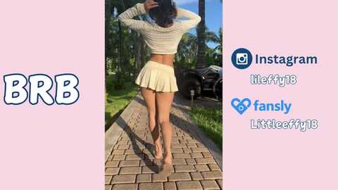 Media: Video of a slender, light-skinned woman with dark hair, wearing a white crop top and short pleated skirt, walking barefoot on a brick pathway. Background features palm trees and a parked car. Social media icons: Instagram, LifeFV, BRR, and Fansly.