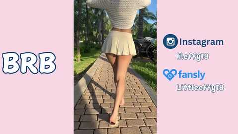 Media: Video of a woman's legs and back in a cropped white top and short skirt, walking on a brick path in a sunny, palm tree-lined garden. Text: \"BBR\" and social media icons.