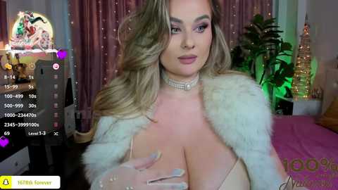 Media: Video of a curvaceous, light-skinned woman with long, wavy blonde hair, wearing a white fur jacket and a choker, posing in a dimly lit room with pink curtains and a bed.