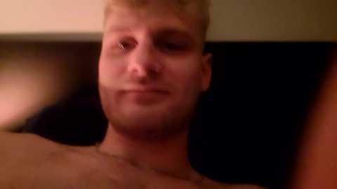 Media: Video of a shirtless, fair-skinned, bald man with short blonde hair, wearing a silver nose ring, and a neutral expression, in a dimly lit, blurred background.