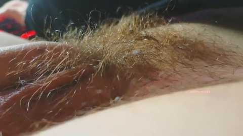 Media: Video of close-up, naturalistic view of a person's vulva with light brown pubic hair, visible labia, and red fingernails in the background.