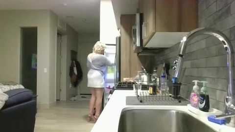 Media: Video of a modern kitchen with a woman in a white dress standing at the sink, holding a bottle. Wooden cabinets, stainless steel appliances, and a tiled backsplash adorn the space.