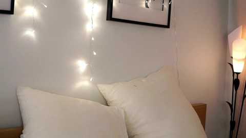 Media: Video of a cozy bedroom corner featuring a bed with white pillows, a string of fairy lights on the wall, a lamp, and framed artwork.