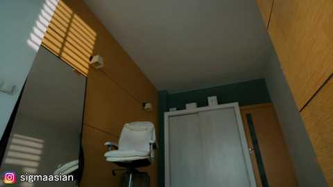 A video of a modern, minimalist bathroom featuring a white office chair, a teal wall, wooden paneling, and a sliding door with light streaming through venetian blinds.