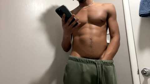 Media: Video of a shirtless, lean, muscular, light-skinned man with a light beard, wearing loose green sweatpants, holding a smartphone mirror selfie in a bathroom.