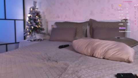 Media: A video of a cozy bedroom with a neatly made bed, beige duvet, and pillows, a small decorated Christmas tree in the corner, and a remote control on the bed.