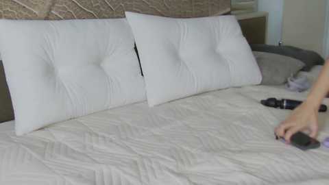 Media: Video of a neatly made bed with a beige and brown patterned headboard, featuring three white, quilted pillows and a white, quilted comforter. A hand is seen adjusting a pillow, holding a remote control.