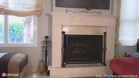 Media: Video of a modern living room with a beige marble fireplace, a flat-screen TV, a red couch, and a window with sheer curtains.