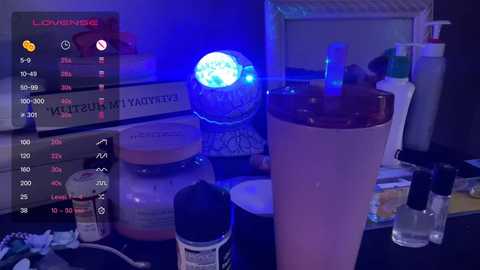 Media: A video of a cluttered desk under a dim, blue-lit room. The desk has numerous bottles, a glass of water, and a large, clear plastic cup with a lid.