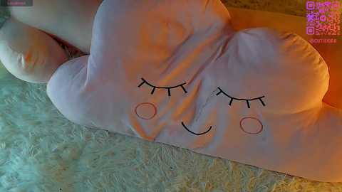 Media: Video of a plush pink pillow with a smiling, cartoonish face, lying on a textured, light-colored carpet. The pillow's face features closed eyes, a nose, and a cheerful mouth.